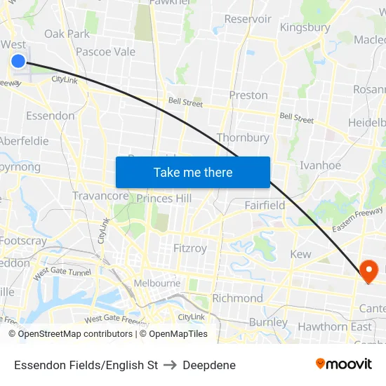 Essendon Fields/English St to Deepdene map