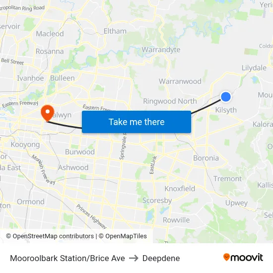 Mooroolbark Station/Brice Ave to Deepdene map