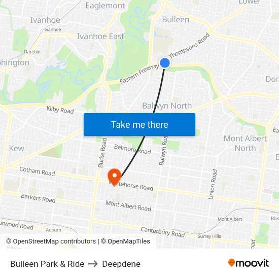 Bulleen Park & Ride to Deepdene map