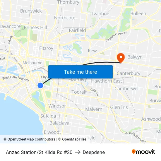 Anzac Station/St Kilda Rd #20 to Deepdene map