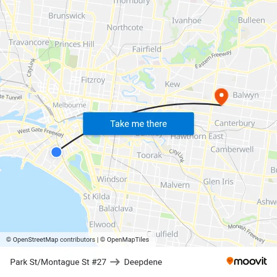 Park St/Montague St #27 to Deepdene map