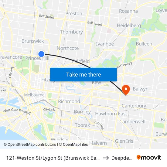 121-Weston St/Lygon St (Brunswick East) to Deepdene map