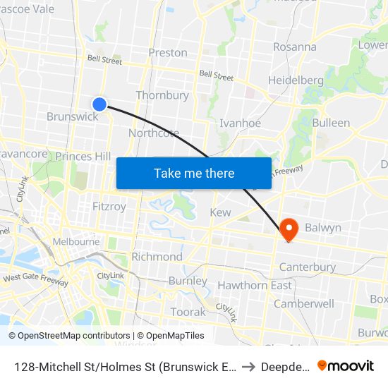 128-Mitchell St/Holmes St (Brunswick East) to Deepdene map