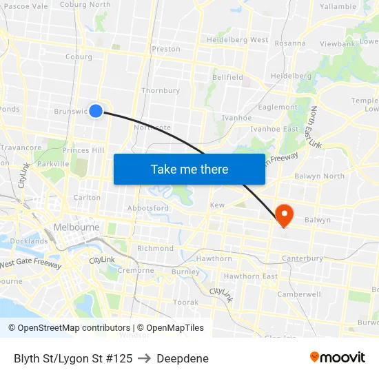 Blyth St/Lygon St #125 to Deepdene map