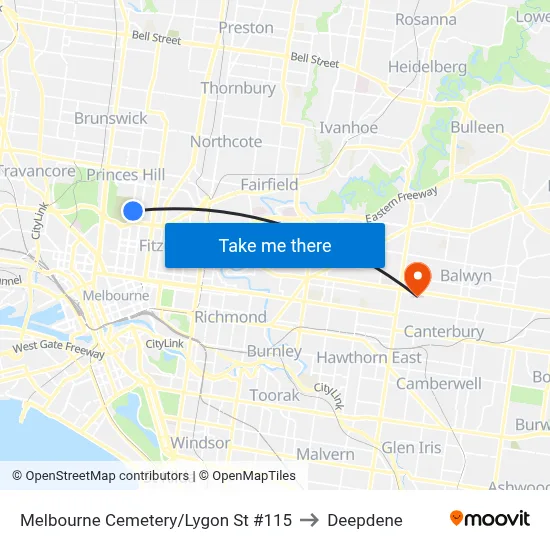 Melbourne Cemetery/Lygon St #115 to Deepdene map
