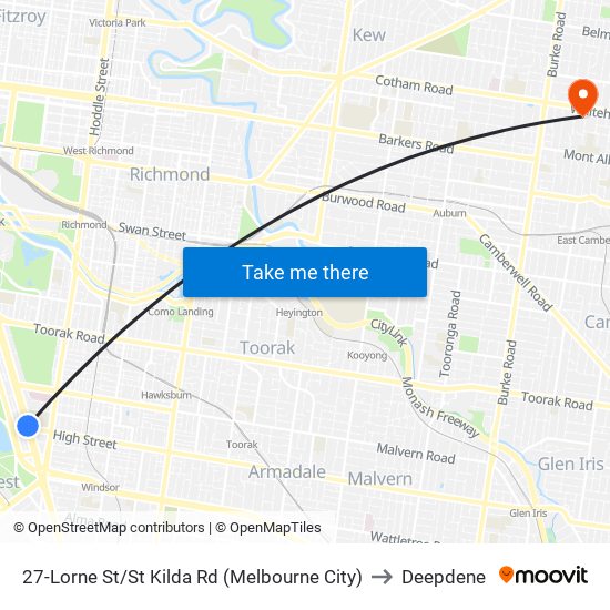 27-Lorne St/St Kilda Rd (Melbourne City) to Deepdene map