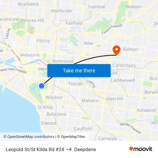 Leopold St/St Kilda Rd #24 to Deepdene map