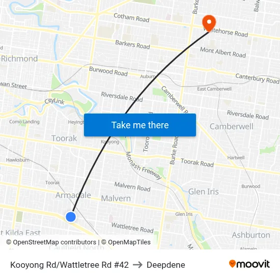 Kooyong Rd/Wattletree Rd #42 to Deepdene map