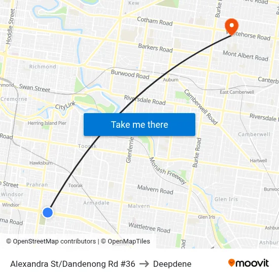 Alexandra St/Dandenong Rd #36 to Deepdene map