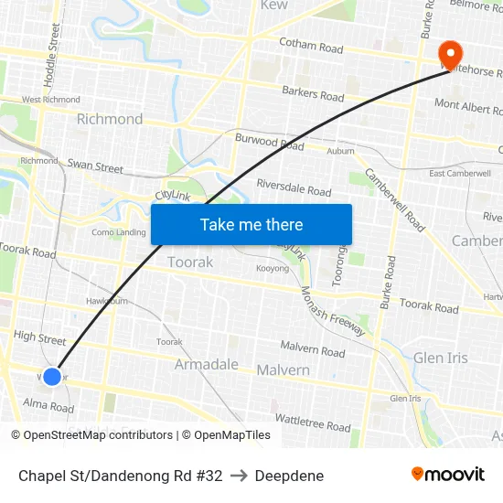 Chapel St/Dandenong Rd #32 to Deepdene map