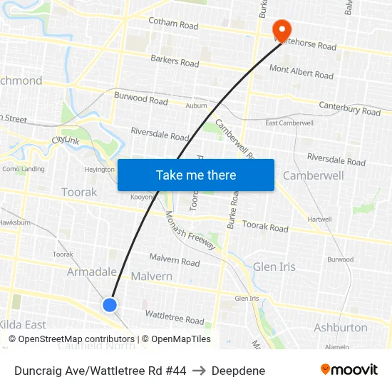 Duncraig Ave/Wattletree Rd #44 to Deepdene map
