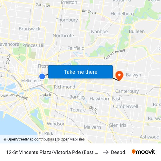 12-St Vincents Plaza/Victoria Pde (East Melbourne) to Deepdene map