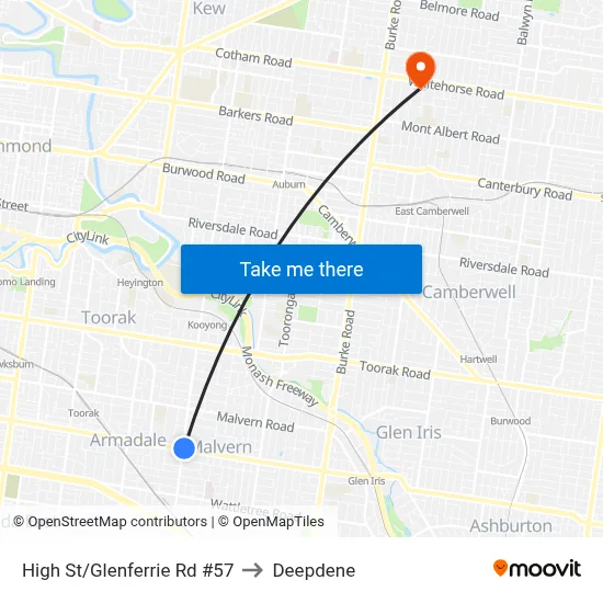 High St/Glenferrie Rd #57 to Deepdene map