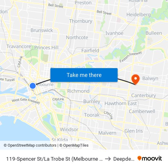 119-Spencer St/La Trobe St (Melbourne City) to Deepdene map