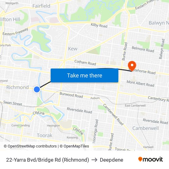 22-Yarra Bvd/Bridge Rd (Richmond) to Deepdene map