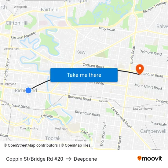 Coppin St/Bridge Rd #20 to Deepdene map