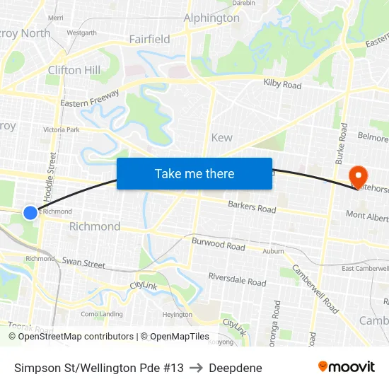 Simpson St/Wellington Pde #13 to Deepdene map