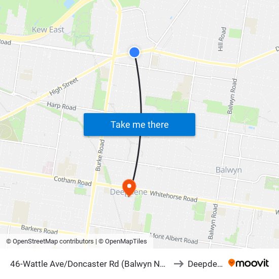 46-Wattle Ave/Doncaster Rd (Balwyn North) to Deepdene map