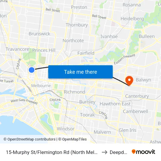 Murphy St/Flemington Rd #15 to Deepdene map