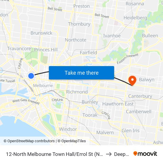 12-North Melbourne Town Hall/Errol St (North Melbourne) to Deepdene map