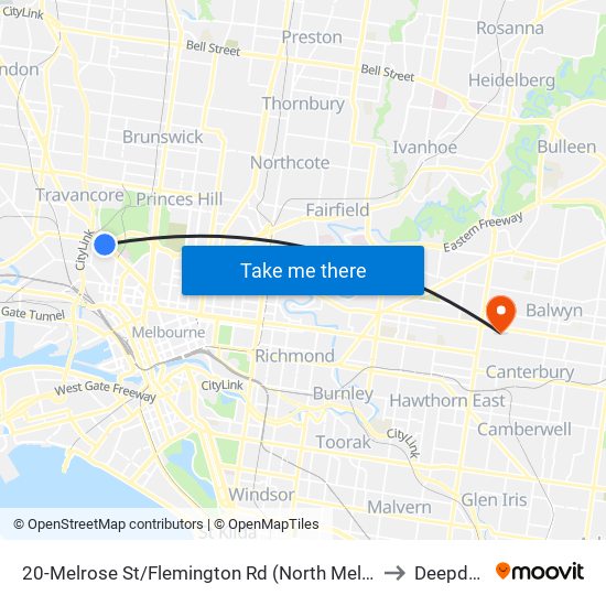 20-Melrose St/Flemington Rd (North Melbourne) to Deepdene map