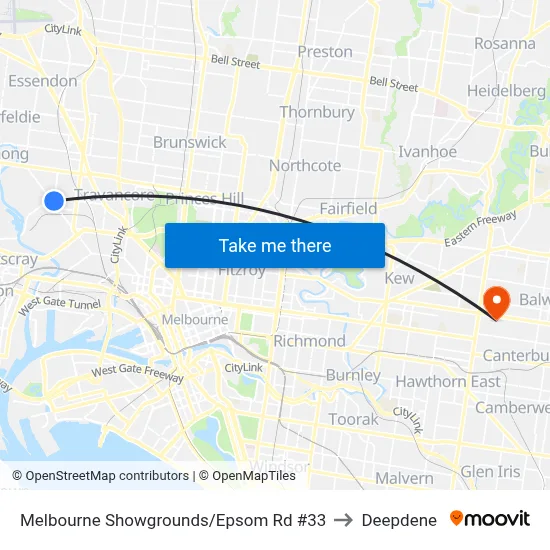 Melbourne Showgrounds/Epsom Rd #33 to Deepdene map