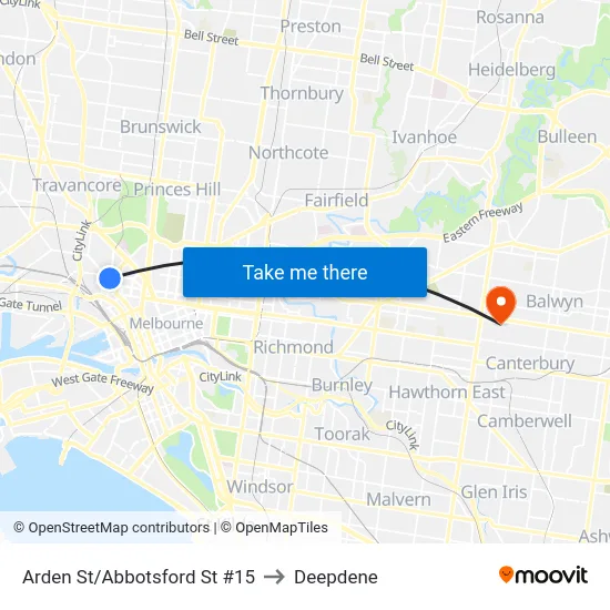 Arden St/Abbotsford St #15 to Deepdene map