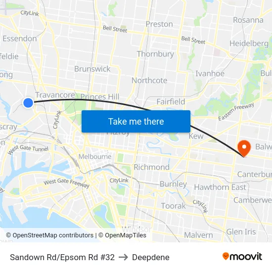 Sandown Rd/Epsom Rd #32 to Deepdene map