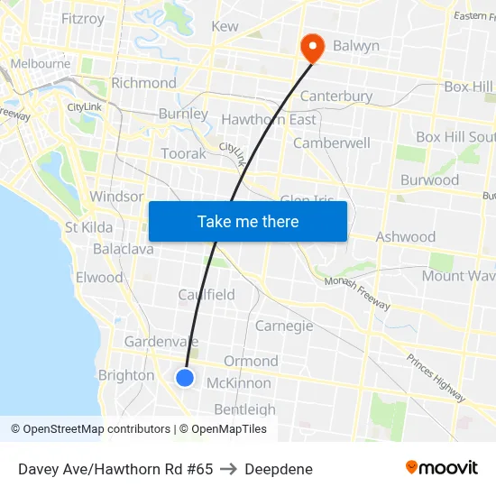 Davey Ave/Hawthorn Rd #65 to Deepdene map