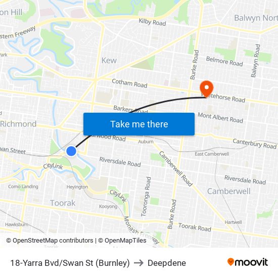 18-Yarra Bvd/Swan St (Burnley) to Deepdene map