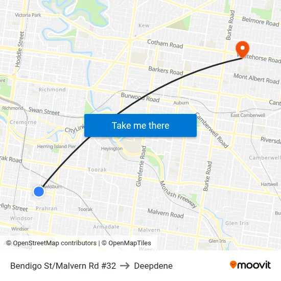 Bendigo St/Malvern Rd #32 to Deepdene map