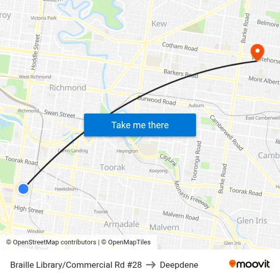 Braille Library/Commercial Rd #28 to Deepdene map