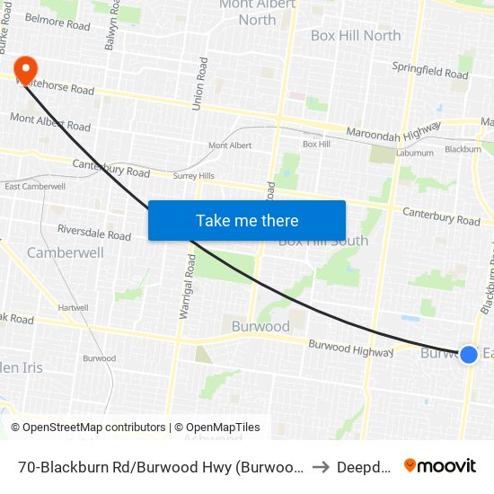 70-Blackburn Rd/Burwood Hwy (Burwood East) to Deepdene map