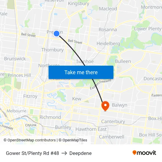 Gower St/Plenty Rd #48 to Deepdene map