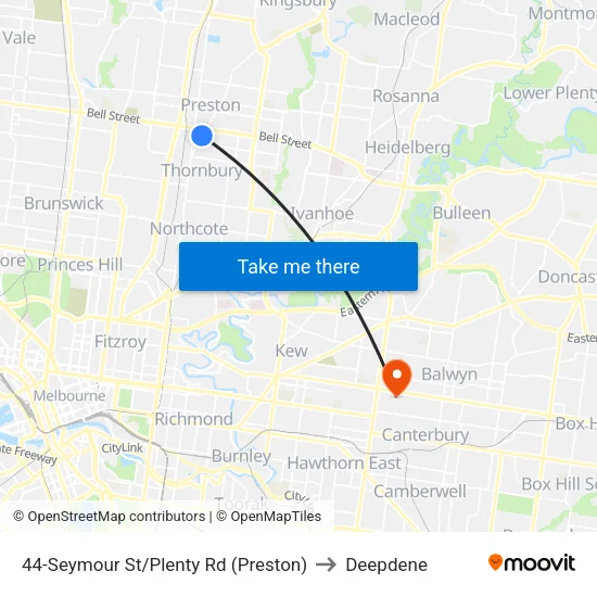 Seymour St/Plenty Rd #44 to Deepdene map