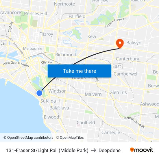 131-Fraser St/Light Rail (Middle Park) to Deepdene map