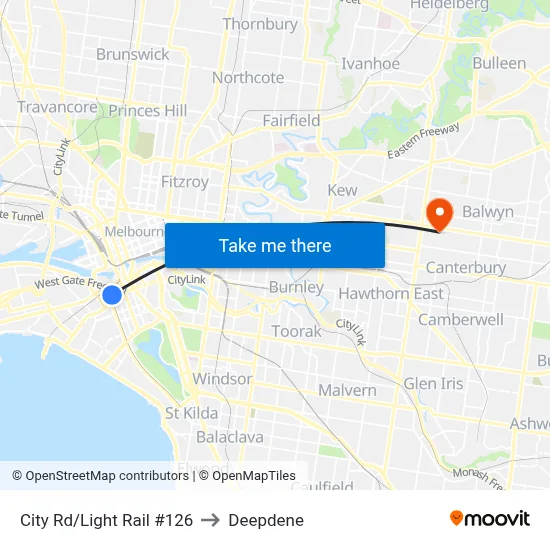 City Rd/Light Rail #126 to Deepdene map