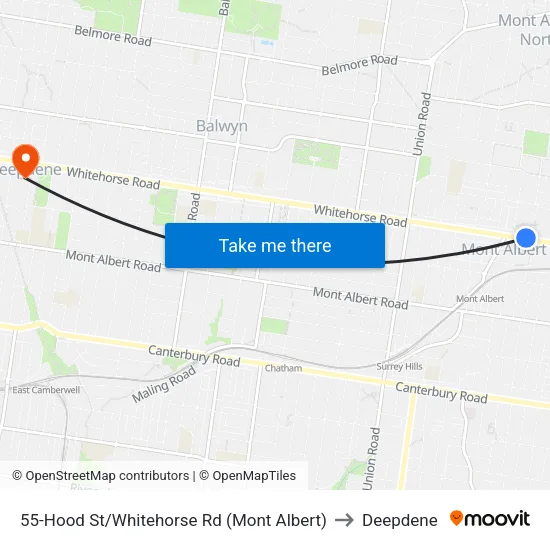 Hood St/Whitehorse Rd #55 to Deepdene map