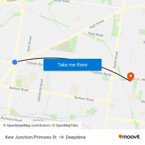 Kew Junction/Princess St to Deepdene map