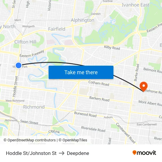 Hoddle St/Johnston St to Deepdene map