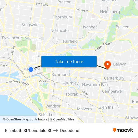Elizabeth St/Lonsdale St to Deepdene map