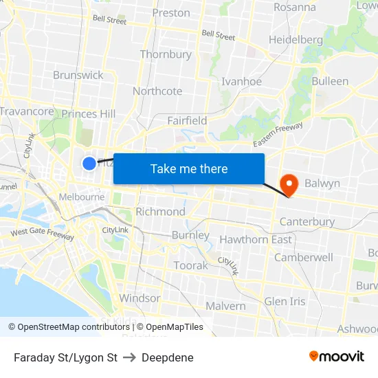 Faraday St/Lygon St to Deepdene map