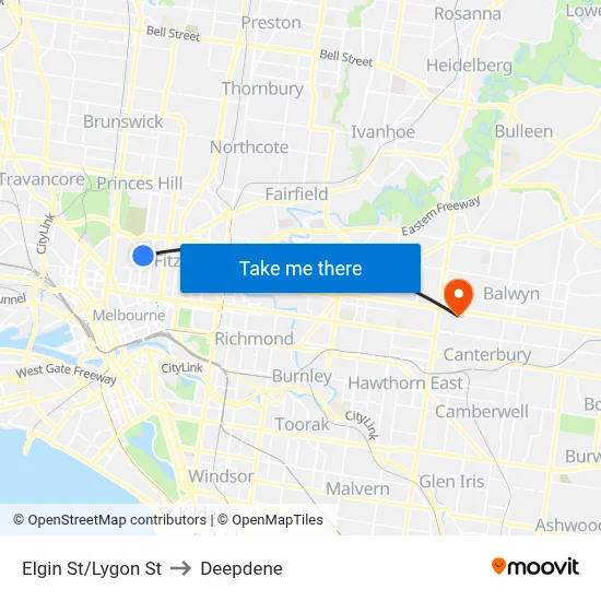 Elgin St/Lygon St to Deepdene map