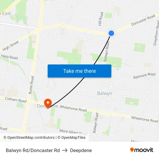 Balwyn Rd/Doncaster Rd to Deepdene map