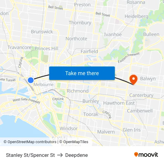 Stanley St/Spencer St to Deepdene map