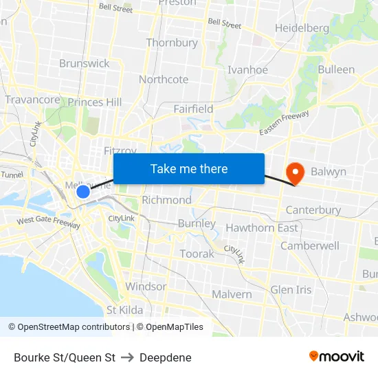 Bourke St/Queen St to Deepdene map