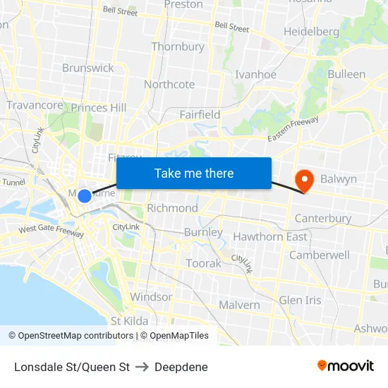 Lonsdale St/Queen St to Deepdene map