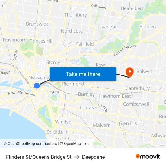 Flinders St/Queens Bridge St to Deepdene map