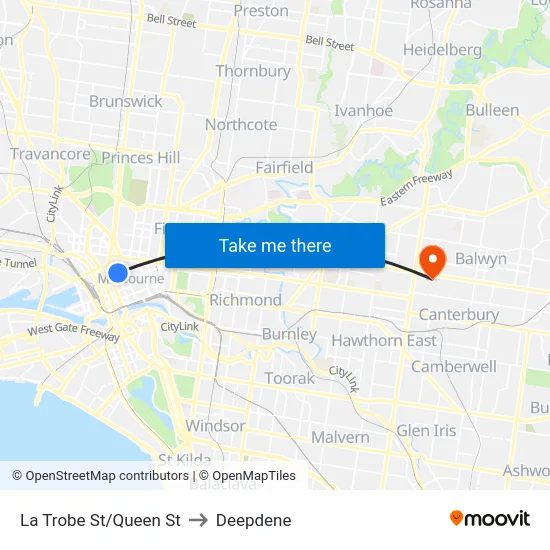 La Trobe St/Queen St to Deepdene map