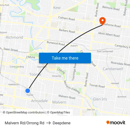 Malvern Rd/Orrong Rd to Deepdene map